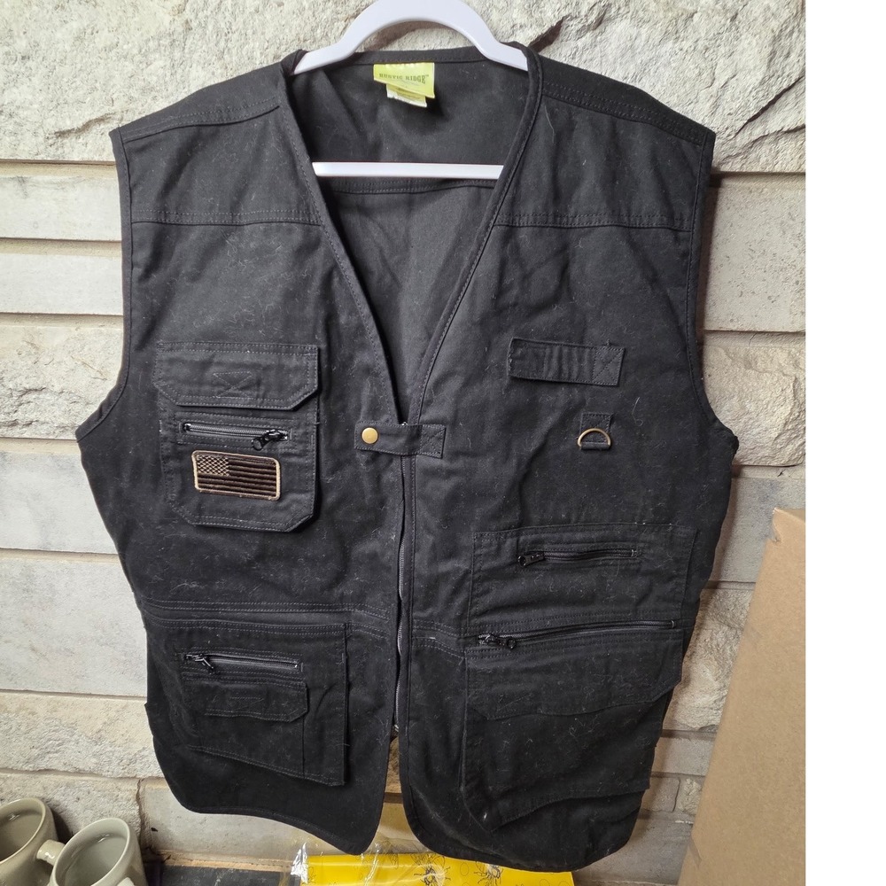 Rustic Ridge Mens 2XL Black Canvas Utility Vest American Flag‎ Tactical Workwear